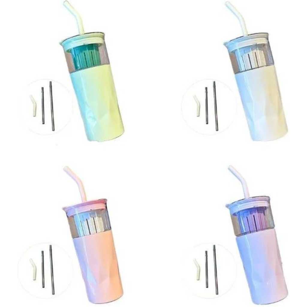 Multipurpose Cup With Glass Liner, Stainless Steel & Convenient Coffee Cup, Tea & Water Separating Straw Sleek Glass Cup