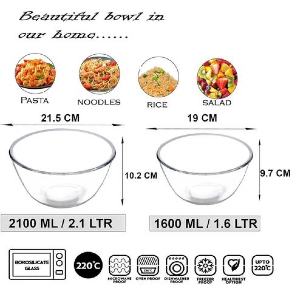 2 Piece Borosilicate Glass Serving Mixing Bowls For Kitchen & Dining Dishes 1600Ml + 2500Ml- Colorless