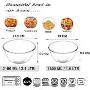 2 Piece Borosilicate Glass Serving Mixing Bowls For Kitchen & Dining Dishes 1600Ml + 2500Ml- Colorless