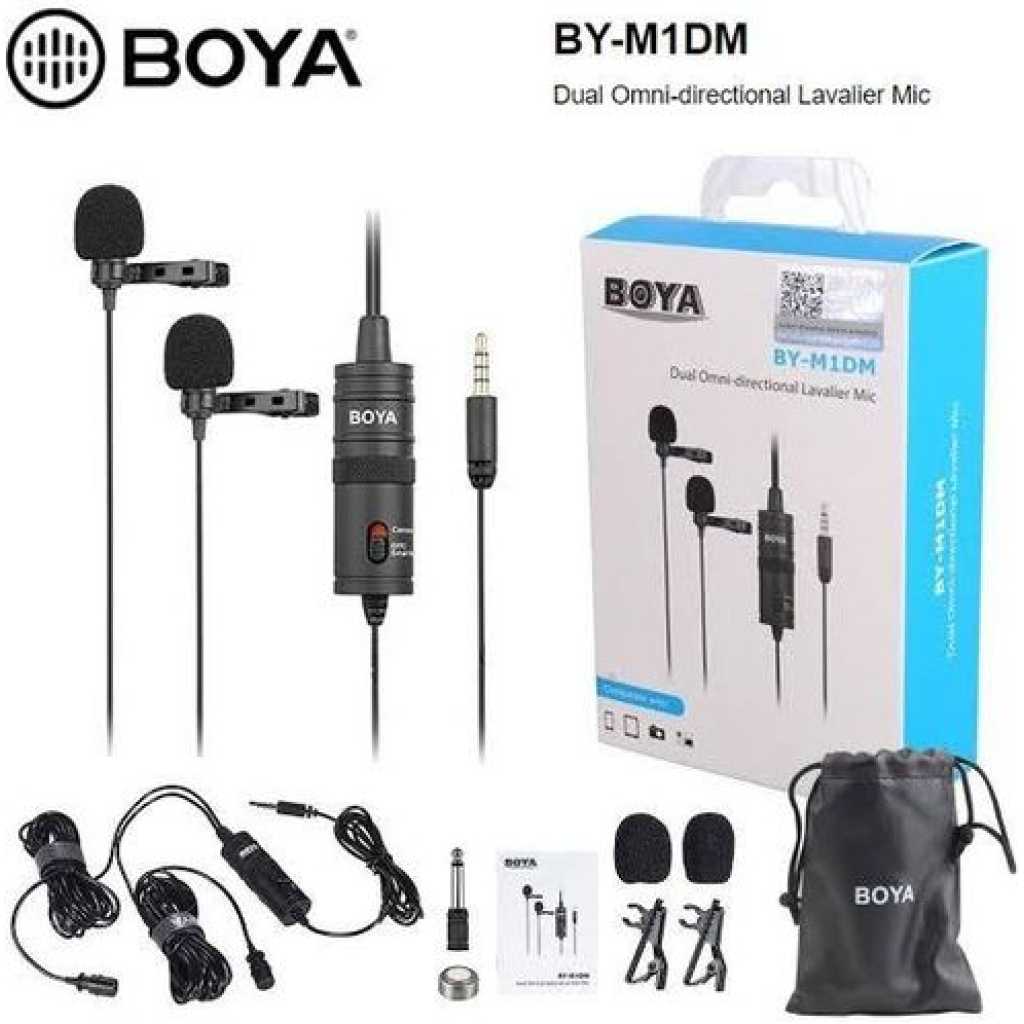 Boya BY-M1DM Plastic Microphone Dual Omni Directional Lavalier Mic With Two Small Clip And Two Foam Windscreen For Smart Phone - Black