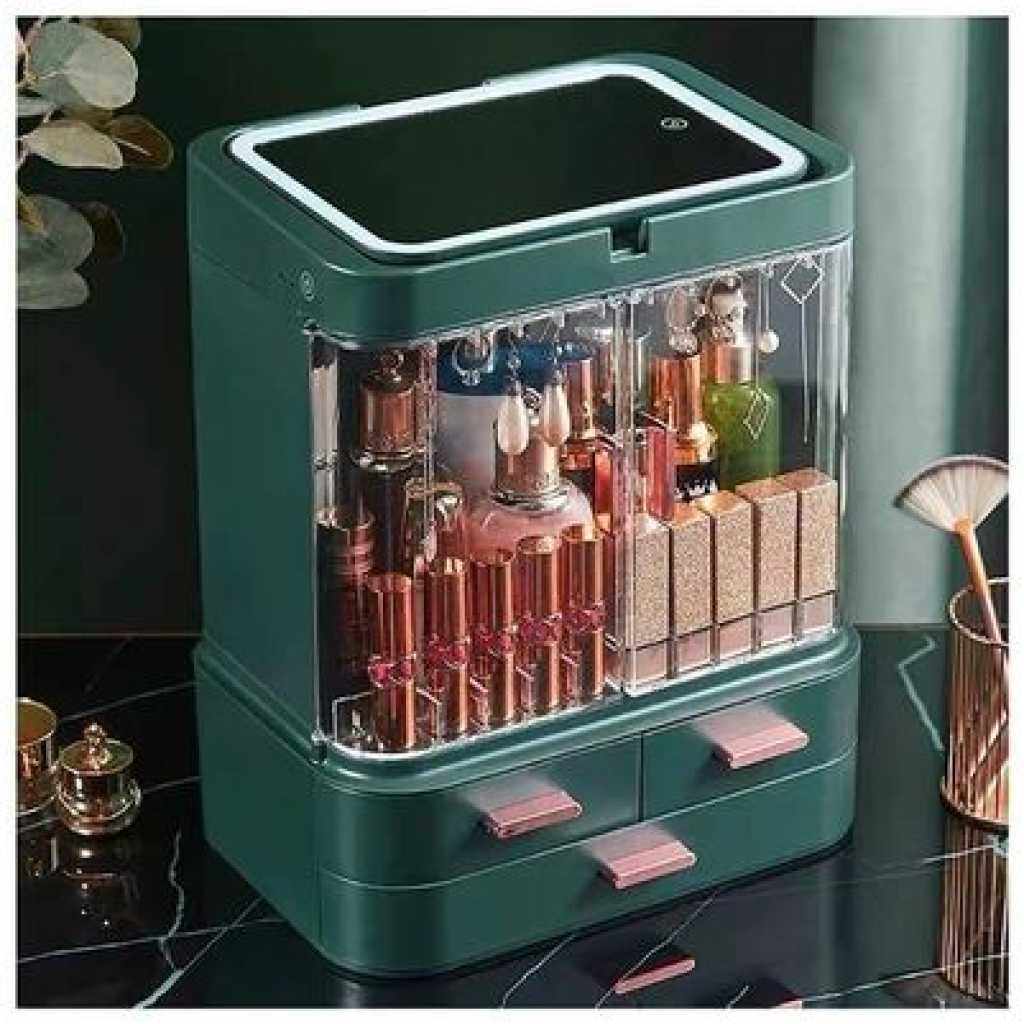 Dust-Proof Drawer Makeup Skincare Organizer Plastic Cosmetics Storage Cases With 3 Drawer Adjustable LED Mirror Makeup Organizer For Countertop Cosmetic Storage Box- Multicolor