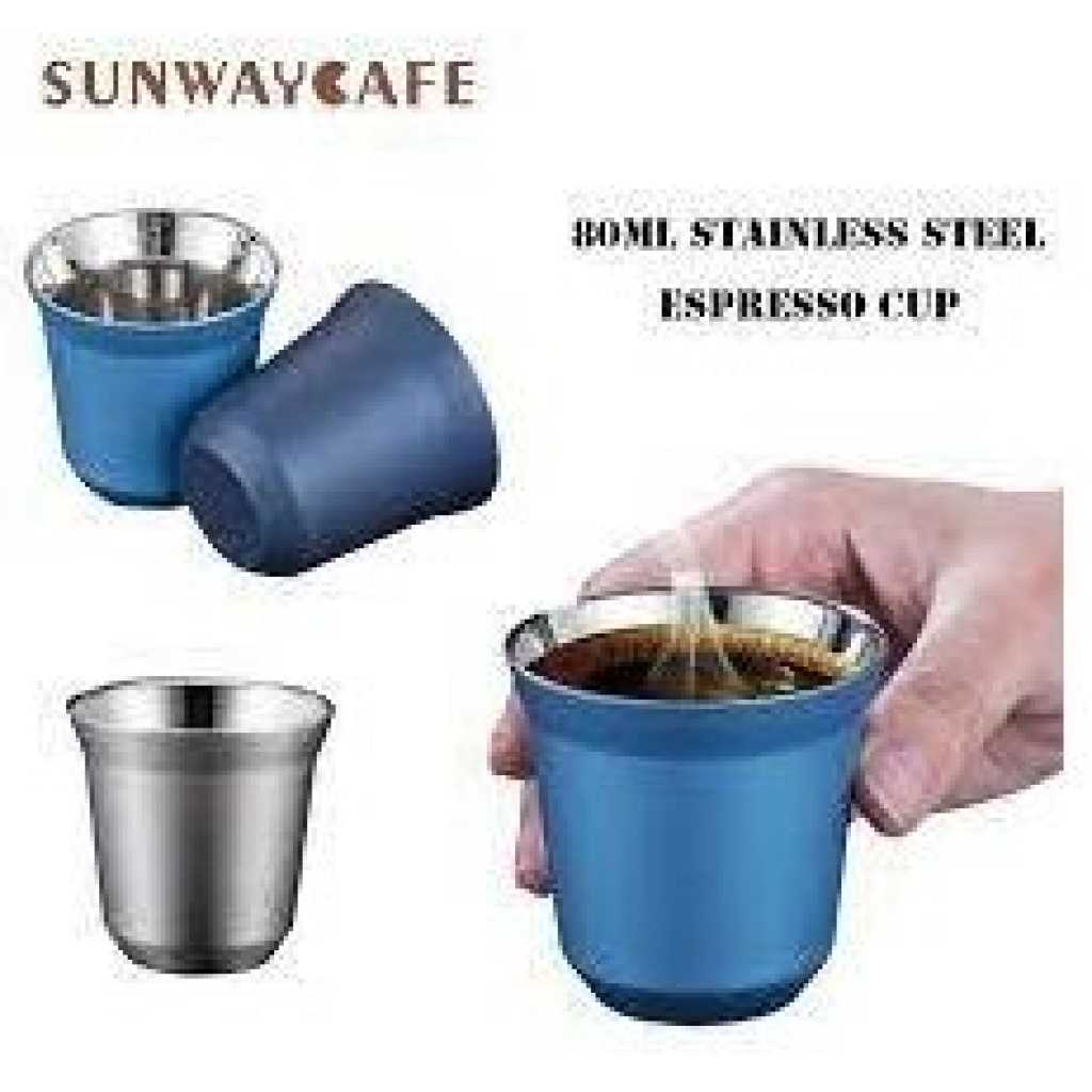 Espresso Cups Stainless Steel Set of 2 Pieces 80 ml Double-Walled And Modern Espresso Cups without Handle, Heat-Insulated Demitasse Shatterproof and Dishwasher Safe