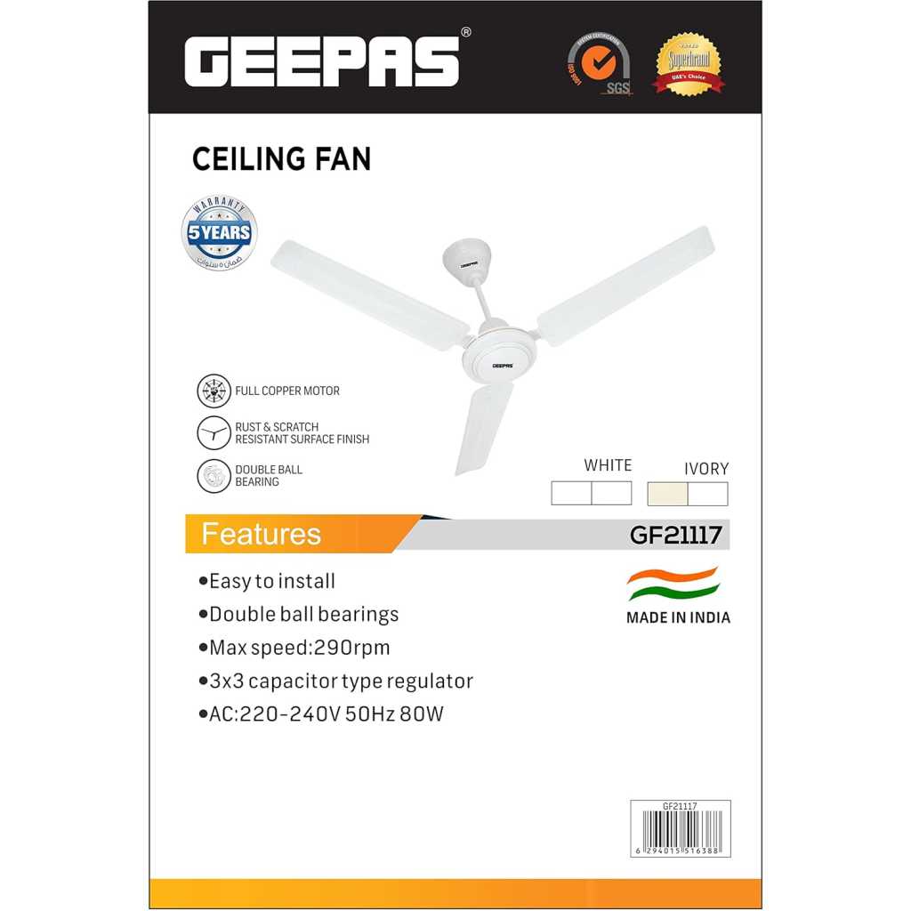 Geepas Ceiling Fan GF21117 - 3 Speed, Double Bearing | 3 Blade with Anti Rust & Scratch Resistant | 290RPM | Ideal for Living Room, Bed Room & office