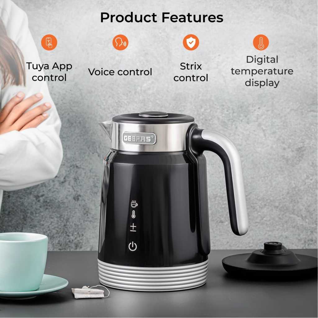 Geepas Smart Stainless Steel kettle GK38034 | 1.7L Capacity | Alexa And Google Assistant Supported| Strix Control - Black