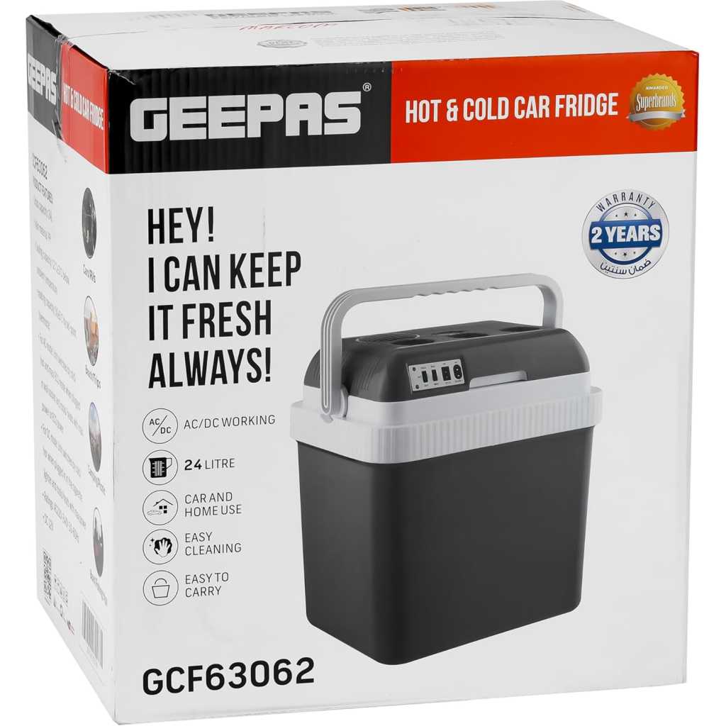 Geepas Hot & Cold Car Fridge | 24L Easy to carry, Portable Mini Cooler & Warmer for Drinks | For Bedroom, Home, Caravan, Car | GCF63062