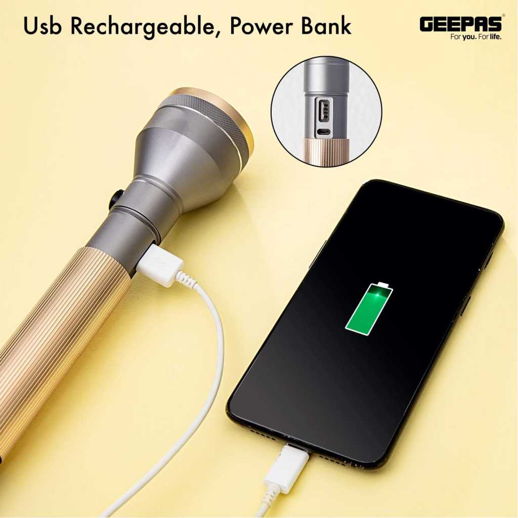 Geepas LED Flashlight with Power Bank, Torch, 4000mAh Battery, GFL51014 | Hyper Bright Light | Power Bank Ideal for Camping, Trekking & Outdoor Activities