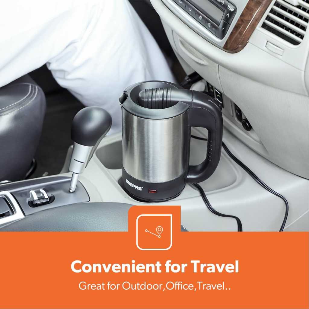 Geepas GK38041 12V Stainless steel Car Kettle - Water Heater for Caravans- 500ml- Stainless-Steel Electric Car Kettle with Cigarette Lighter Charger | Quick Hot Water, Coffee, Tea