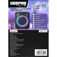 Geepas Portable & Rechargeable Party Speaker GMS11161 With EQ Setting, FM Radio, LED Light, LINE/USB/TF Card/AUX, TWS Connection, Bluetooth, Wireless Microphone, Remote Control, Woofer, Tweeter & Power Adapter