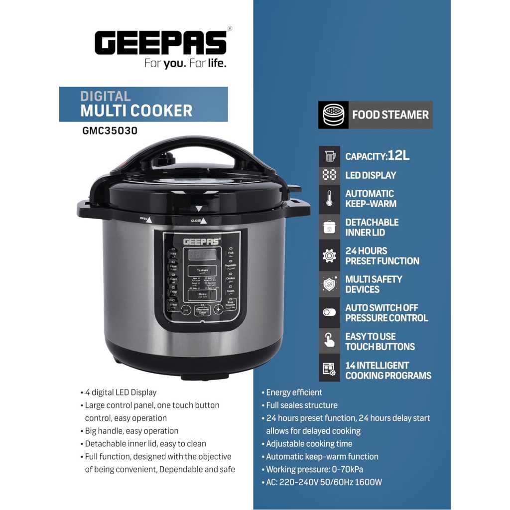 GEEPAS 12L Digital Multi Cooker | Pressure cooker, 4 digital LED display | 14 Smart Cooking Programs With One Touch , Auto Shut off Function | Ideal for Rice Meat bean vegetable Soup |Detachable Inner Lid, 1600.0 W GMC35030 Silver/Black