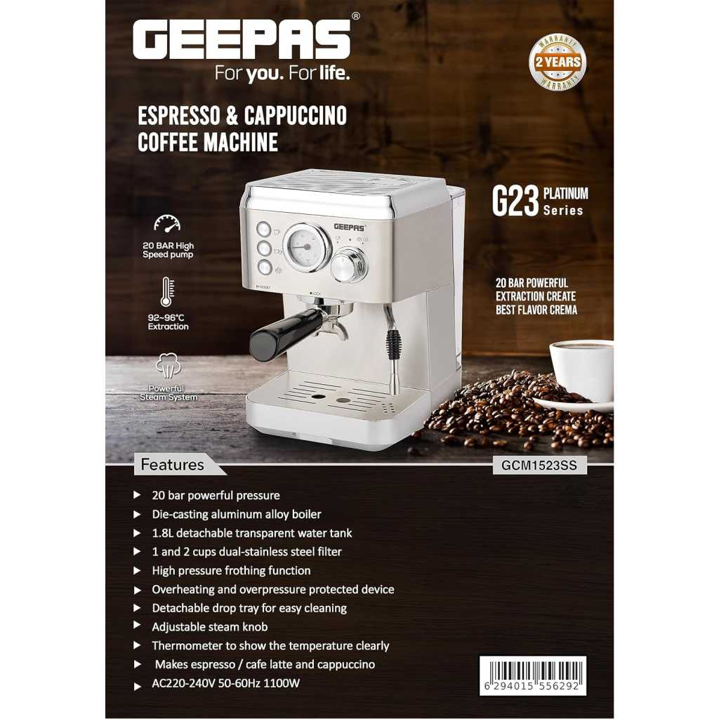 Geepas 20 Bar Espresso and Cappuccino Coffee Machine- GCM1523SS | Die-Cast Aluminum Boiler and 1.8 L Detachable Water Tank| Makes Cappuccino, Lattes, Espresso