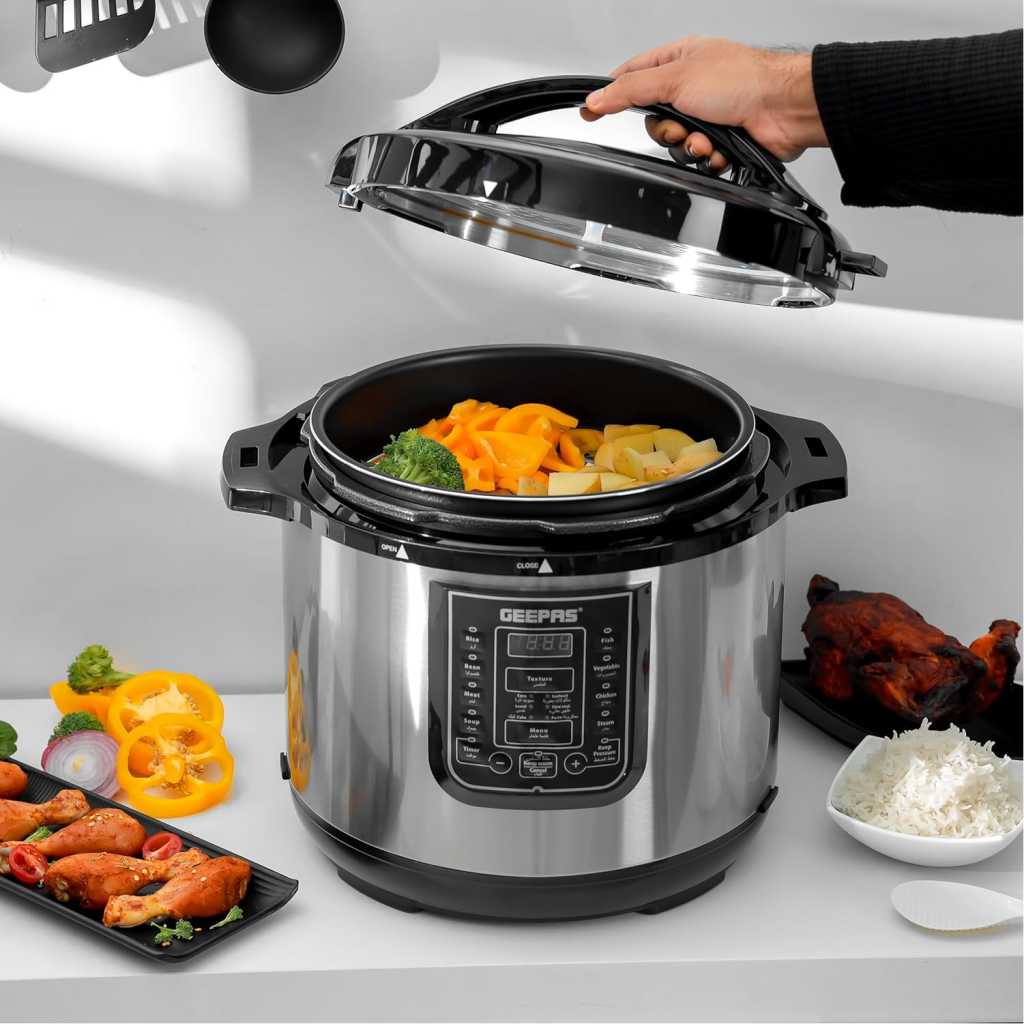 GEEPAS 12L Digital Multi Cooker | Pressure cooker, 4 digital LED display | 14 Smart Cooking Programs With One Touch , Auto Shut off Function | Ideal for Rice Meat bean vegetable Soup |Detachable Inner Lid, 1600.0 W GMC35030 Silver/Black