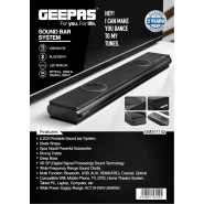 Geepas GMS11152 Portable Sound bar System 2.2CH 2 Inbuilt Sub Woofer with 3D Sound Technology USB/AUX/BT/HDMI/Remote Included Connect to TV, Mobile, Laptop & More, Black