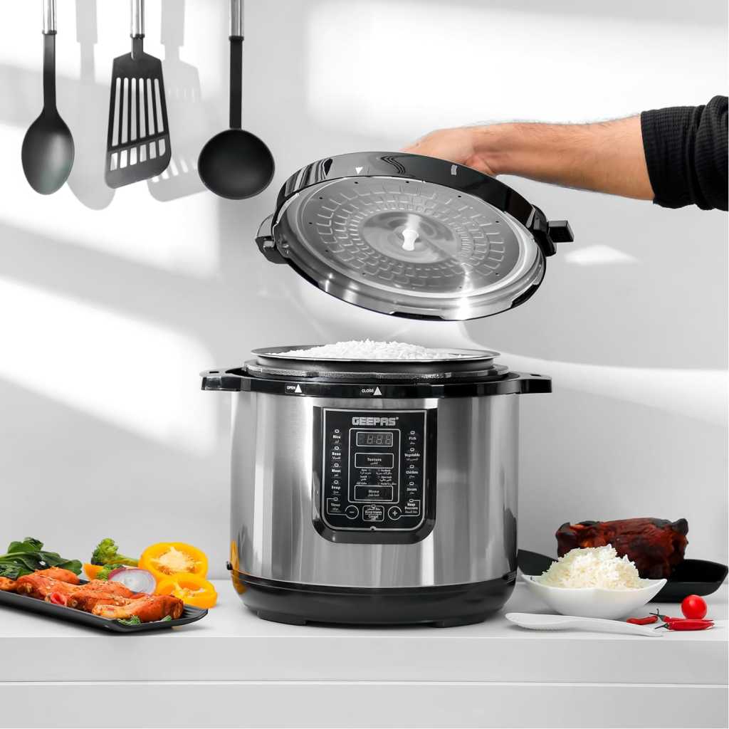 GEEPAS 12L Digital Multi Cooker | Pressure cooker, 4 digital LED display | 14 Smart Cooking Programs With One Touch , Auto Shut off Function | Ideal for Rice Meat bean vegetable Soup |Detachable Inner Lid, 1600.0 W GMC35030 Silver/Black