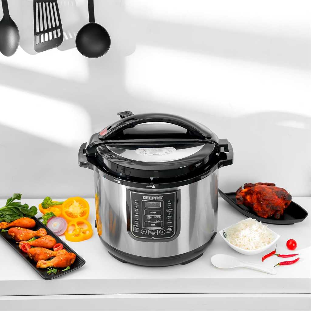 GEEPAS 12L Digital Multi Cooker | Pressure cooker,  4 digital LED display | 14 Smart Cooking Programs With One Touch , Auto Shut off Function | Ideal for Rice Meat bean vegetable Soup |Detachable Inner Lid, 1600.0 W GMC35030 Silver/Black