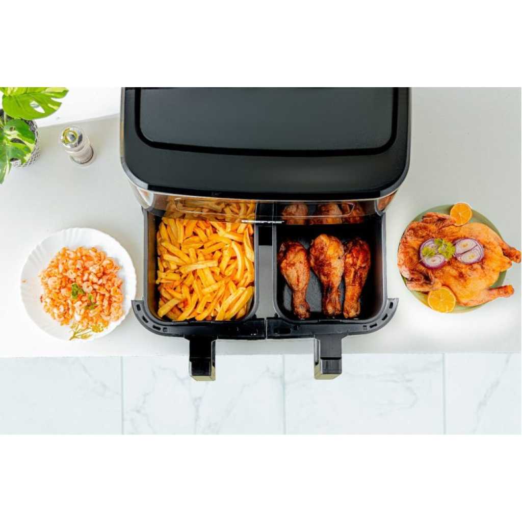 Geepas 9 Litres Dual Basket Digital Air Fryer- GAF37525UK | Equipped With VORTEX Air Frying Technology, Oil Free Cooking