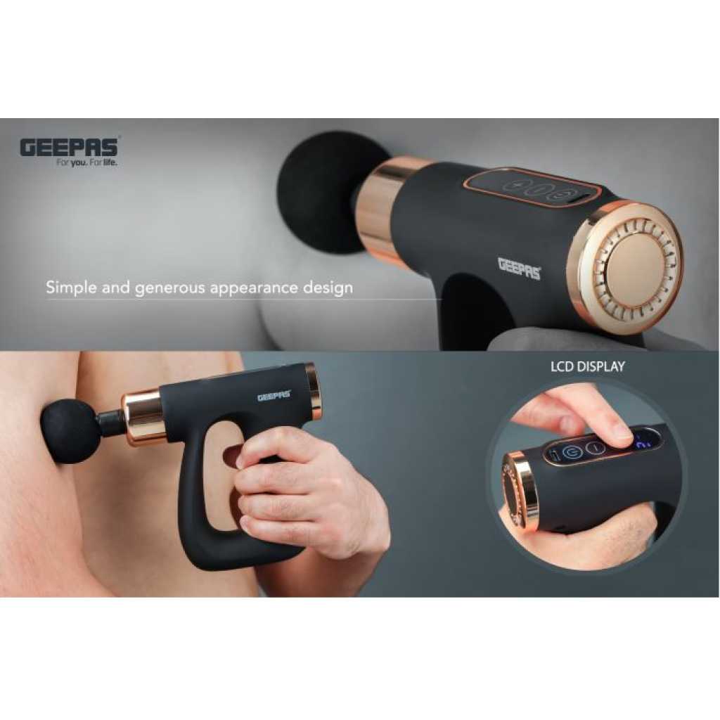 GEEPAS Rechargeable 4-in-1 Digital Massager, LCD Display, GM86063, 32 Speed Setting, Portable Handheld Muscle Massager for Athletes, Muscle Soreness Relief