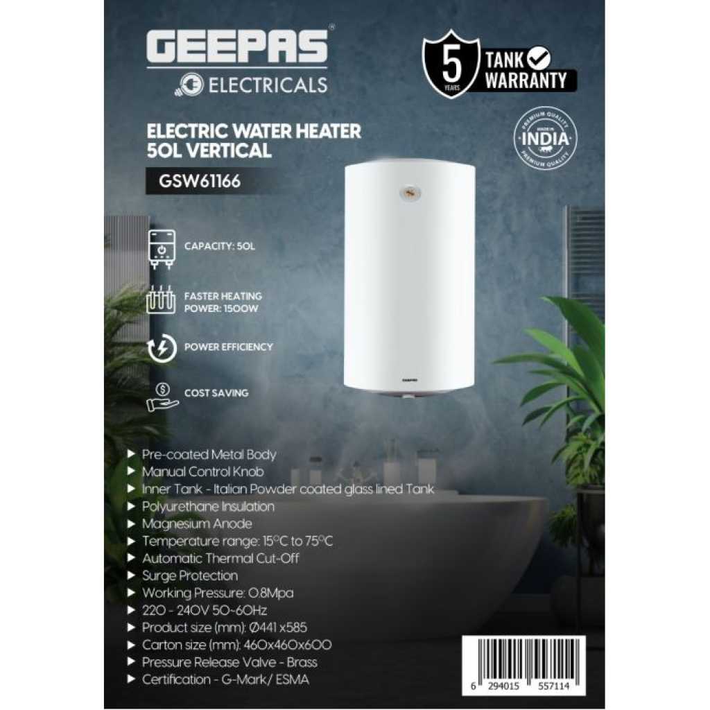 Geepas 100 - Liter Electric Instant Water Heater 100 CVX - GSW61170/ Vertical Design, Instant Hot Water, For Bathroom, Shower, Faucet, Kitchen, Etc/ 15-75 Degree Celsius Temperature Range, Metal Body And Italian Powder Coated Inner Tank/ G Mark And ESMA Certified/ White