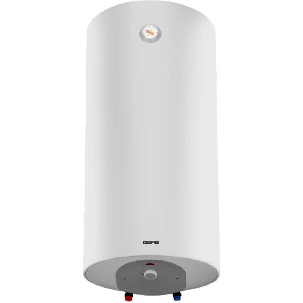 Geepas 100 - Liter Electric Water Heater 100 CVX - GSW61170/ Vertical Design, Instant Hot Water, For Bathroom, Shower, Faucet, Kitchen, Etc/ 15-75 Degree Celsius Temperature Range, Metal Body And Italian Powder Coated Inner Tank/ G Mark And ESMA Certified/ White