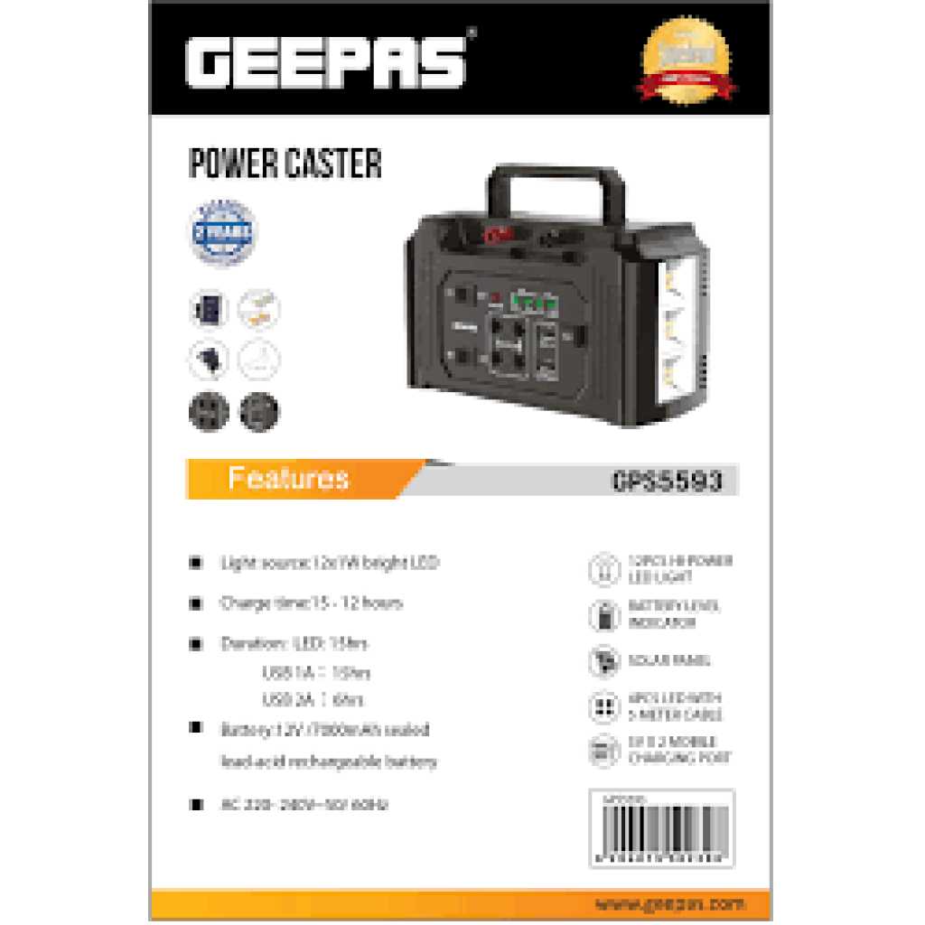 Geepas GPS5593 Power Caster - 7000mAh Rechargeable Battery 4 Pcs Led Bulbs with Solar Panel | Perfect emergency backup for Home, Travel, Camping & More