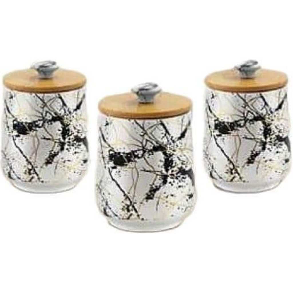 Set of 3 Marble Kitchen Canisters With Bamboo Lids Ceramic Food Storage Jars- Multicolor