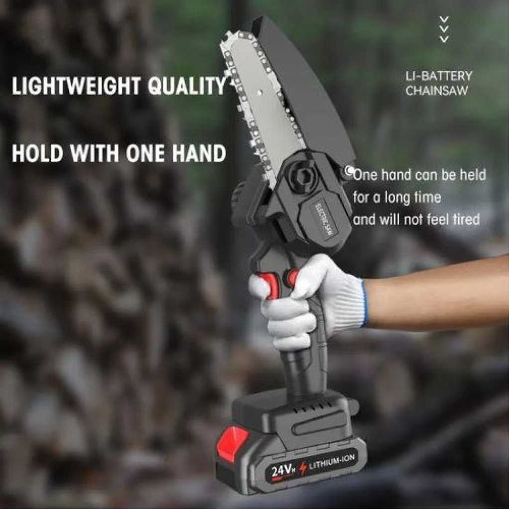 Power Tools Mini 24V Battery-Powered Cordless Chainsaw, Portable Electric Pruning Chain Saws with 2 Batteries 2 Chains, Cordless Handheld Chain Saw Wood Cutter Pruning Shears for Tree Branches, Courtyard, Patio, Woodworking Garden Tools- Black