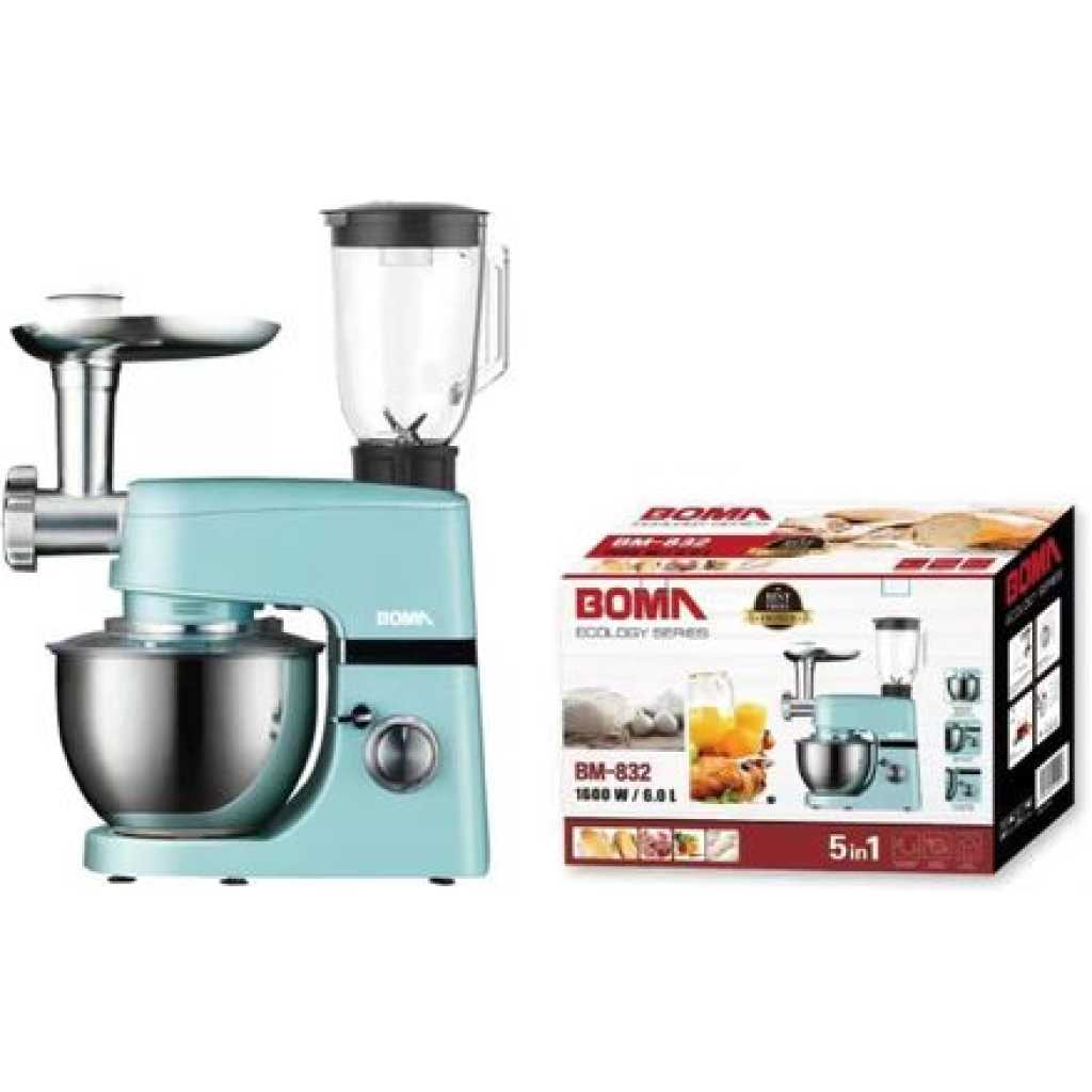 Boma 6Litre 5 IN 1 Stand Mixer 16000W Tilt-Head Multifunctional Electric Mixer with Stainless Steel Bowl, Beater, Hook, Whisk, Meat Grinder, Juice Blender with Glass Jar Dishwasher Safe - Blue