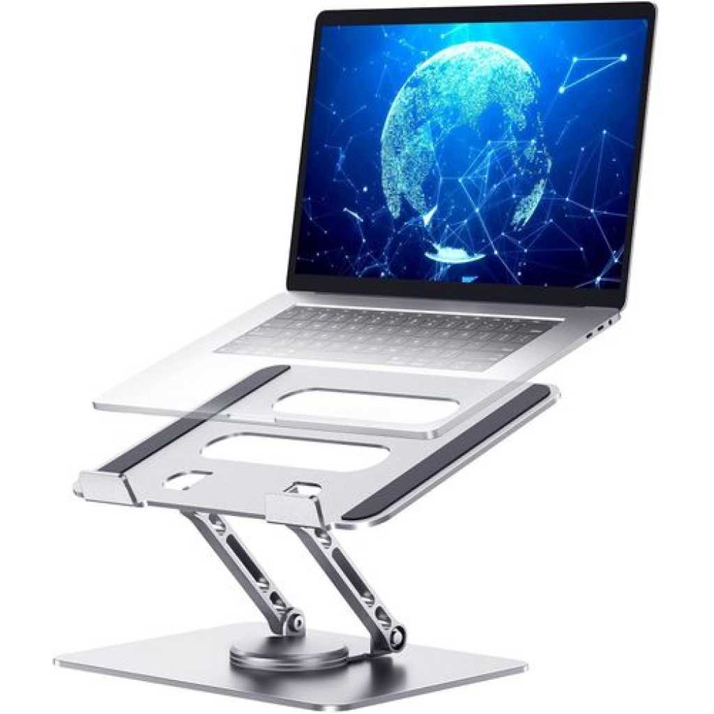 Adjustable Laptop Stand with 360 Rotating Base, Computer Stand Ergonomic Laptop Riser for Collaborative Work Dual Rotary Shaft Fully Foldable for Easy Storage Fits All Laptops up to 15.6 inches- Silver