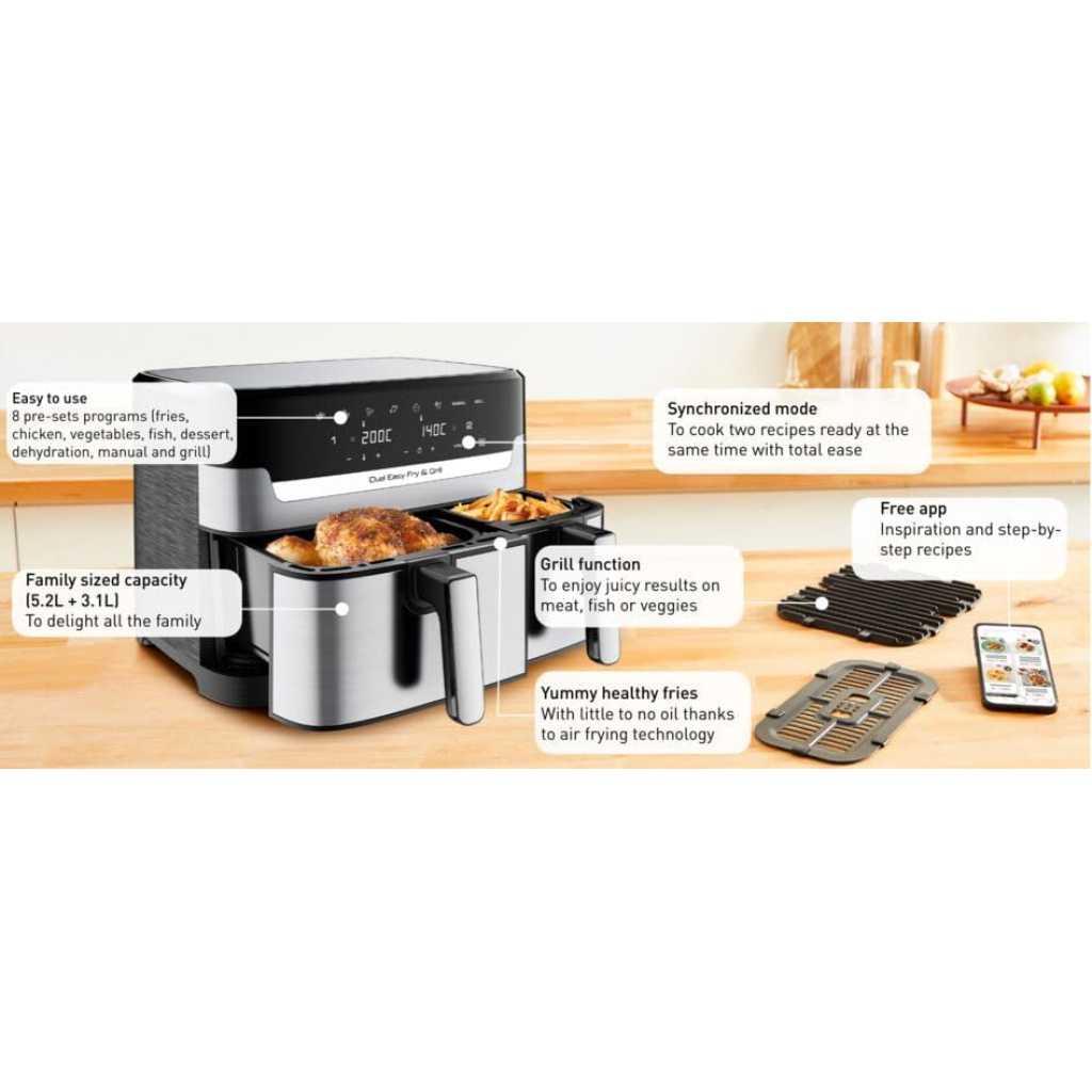 TEFAL Airfryer & Grill |Dual Easy Fry & Grill | 8.3 L | Dual Drawers | 8 Pre-Set Cooking Programs | Dishwasher-Safe Parts | Dedicated App | 2 Years Warranty EY905D40