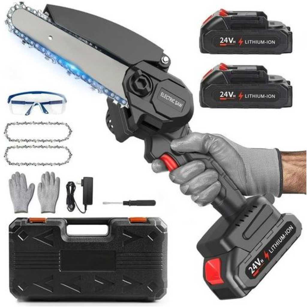 Power Tools Mini 24V Battery-Powered Cordless Chainsaw, Portable Electric Pruning Chain Saws with 2 Batteries 2 Chains, Cordless Handheld Chain Saw Wood Cutter Pruning Shears for Tree Branches, Courtyard, Patio, Woodworking Garden Tools- Black