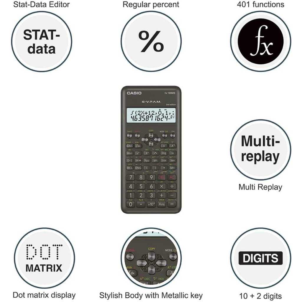 Casio FX-100MS Original Non-Programmable Scientific Calculator, 300 Functions and 2-line Display, Black