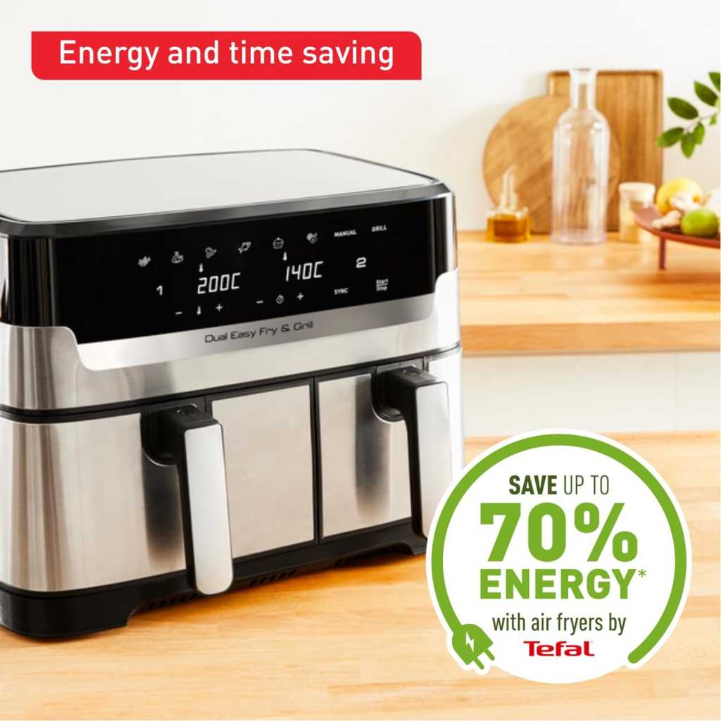 TEFAL Airfryer & Grill |Dual Easy Fry & Grill | 8.3 L | Dual Drawers | 8 Pre-Set Cooking Programs | Dishwasher-Safe Parts | Dedicated App | 2 Years Warranty EY905D40