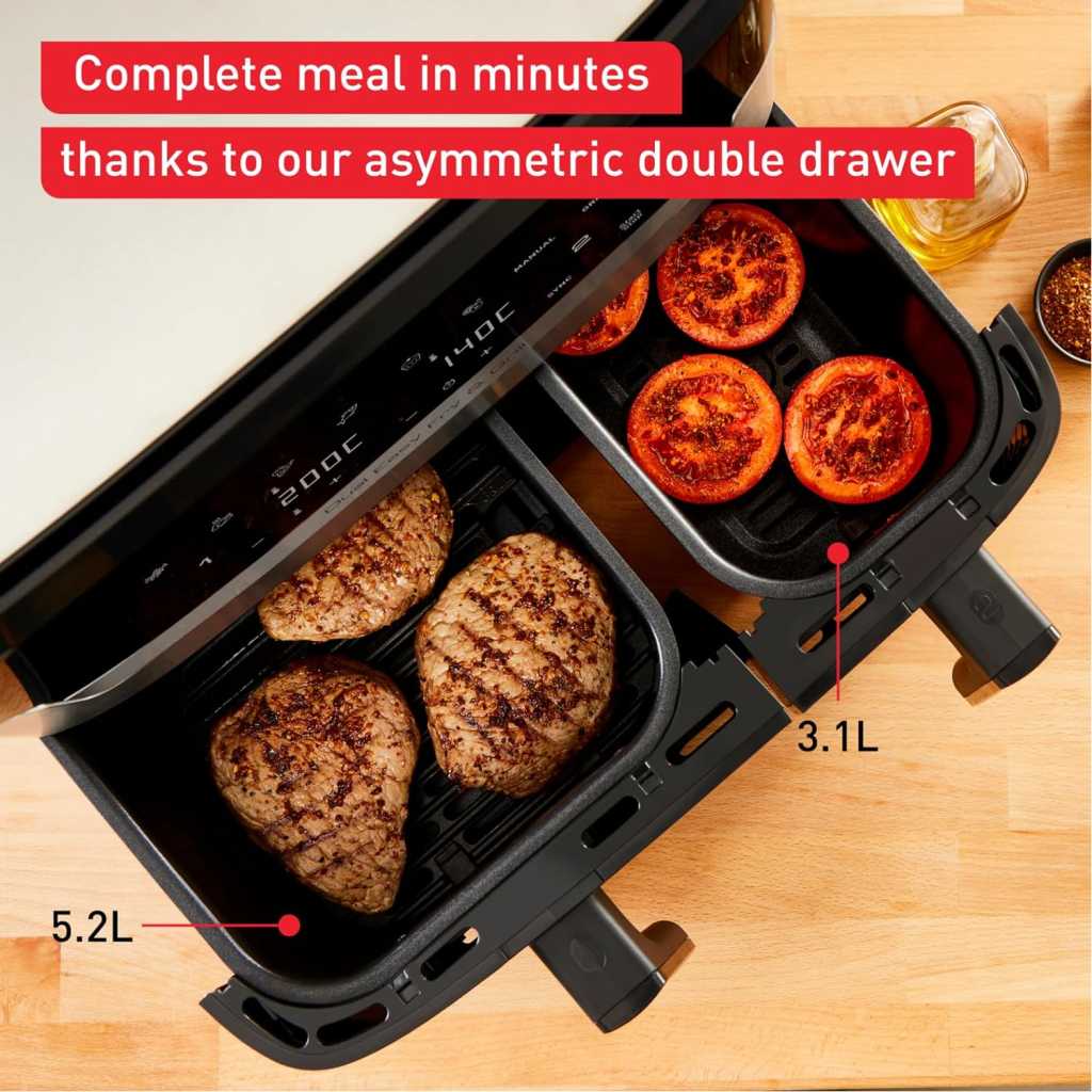 TEFAL Airfryer & Grill |Dual Easy Fry & Grill | 8.3 L | Dual Drawers | 8 Pre-Set Cooking Programs | Dishwasher-Safe Parts | Dedicated App | 2 Years Warranty EY905D40