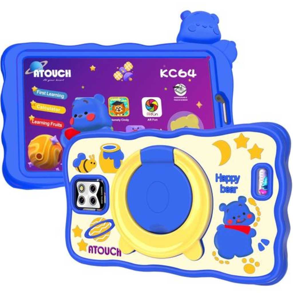 Atouch Android Tablet For Kids, 7-Inch Screen KC64 Smart Tab Wi-Fi Bluetooth and Dual SIM Early Education with 360° Rotating Stand Silicone Case/Carry Gift Bag -Multicolor