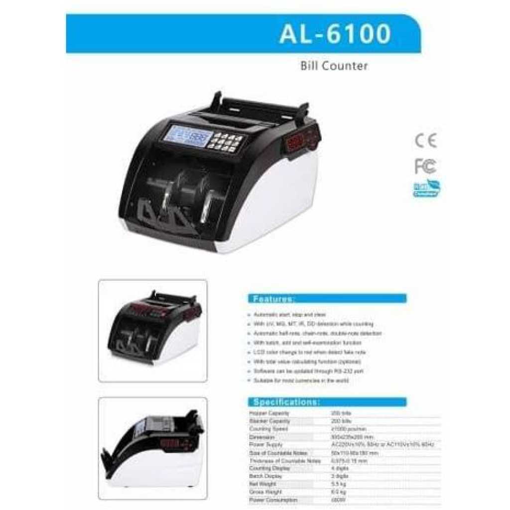 Ce Rohs AL-6100 Note Money Fake Cash Currency Counting Machine with UV MG Mt IR Detection Money Counter- Multicolor
