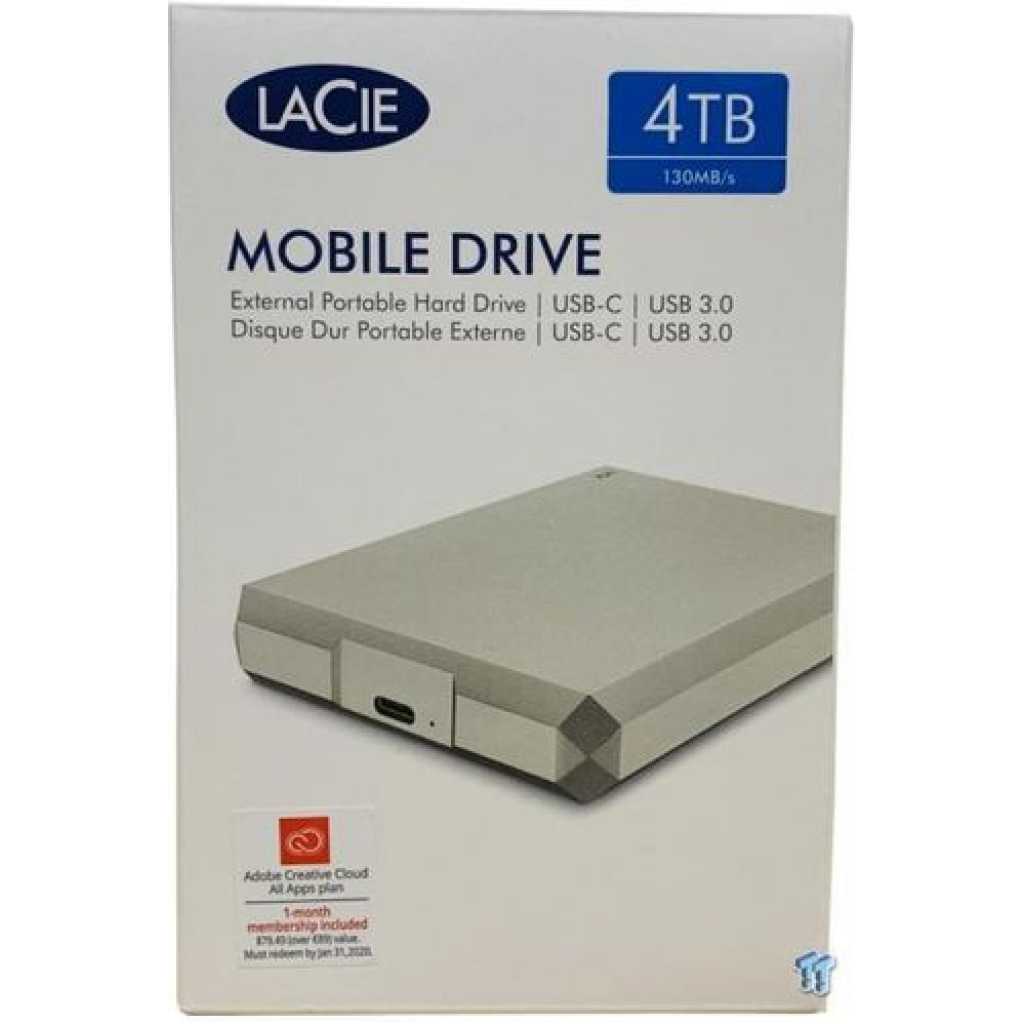 Lacie Mobile Drive, 2TB , External Hard Drive, Moon Silver, USB-C, 2 year Rescue Services (STHG2000400)- Silver