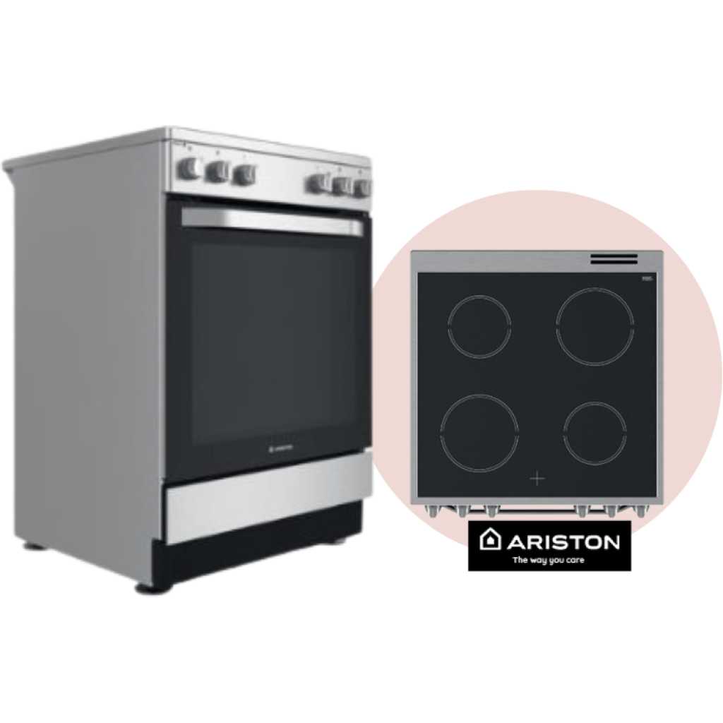 ARISTON Ceramic Cooker 60x60cm AS68V8KHX;  4 Electric Vitroceramic Plates, Electric Oven, Oven Fan, Storage drawer - Inox
