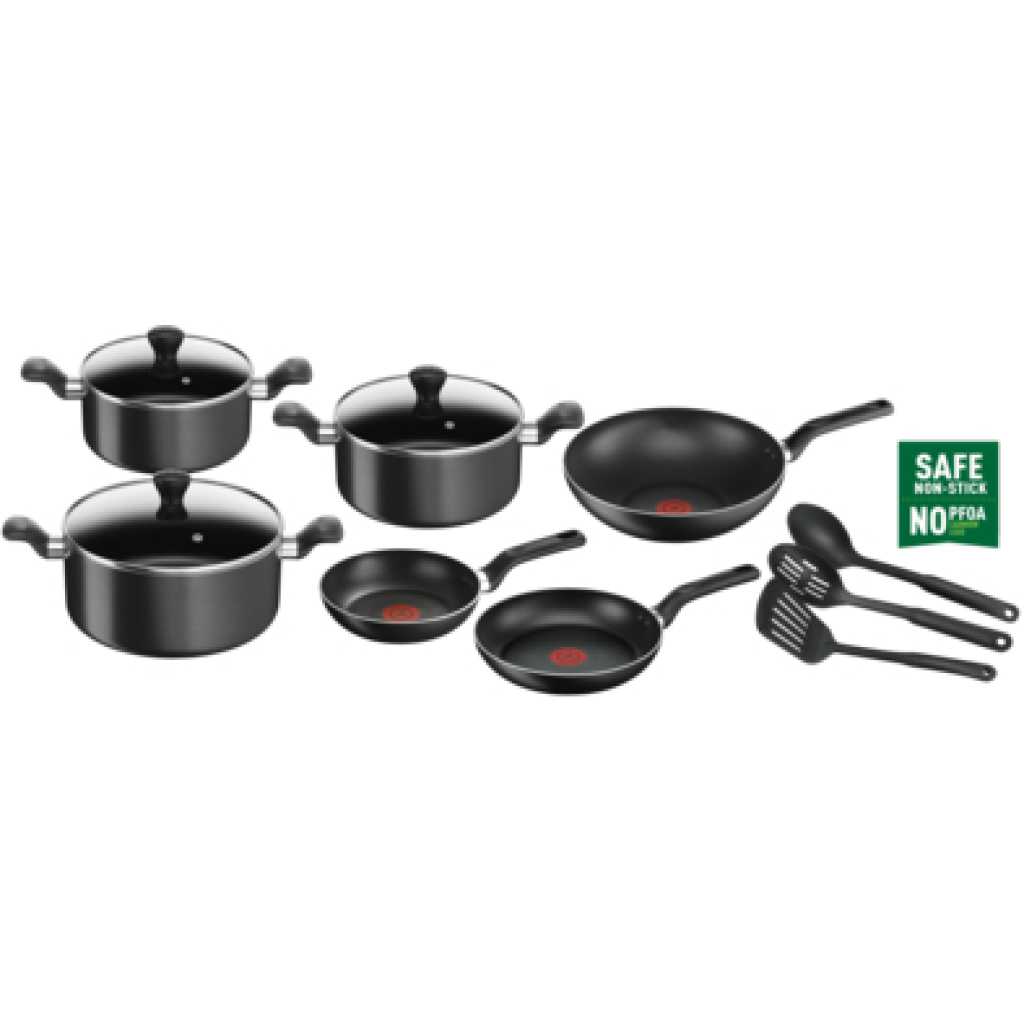 TEFAL Super Cook 12pc Cookware Set B143SC86, Frypans 22/24 cm, Wokpan 28 cm, Stewpots 22/24/28 cm, Spoon, Slotted Spoon, Slotted Spatula