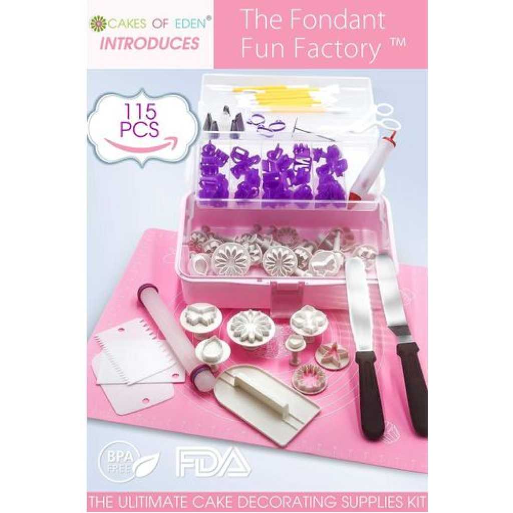 Fondant Tools Cake Decorating Supplies - 123pc Baking Kit, Icing Piping Bags, Tips, 2 Offset Spatula.