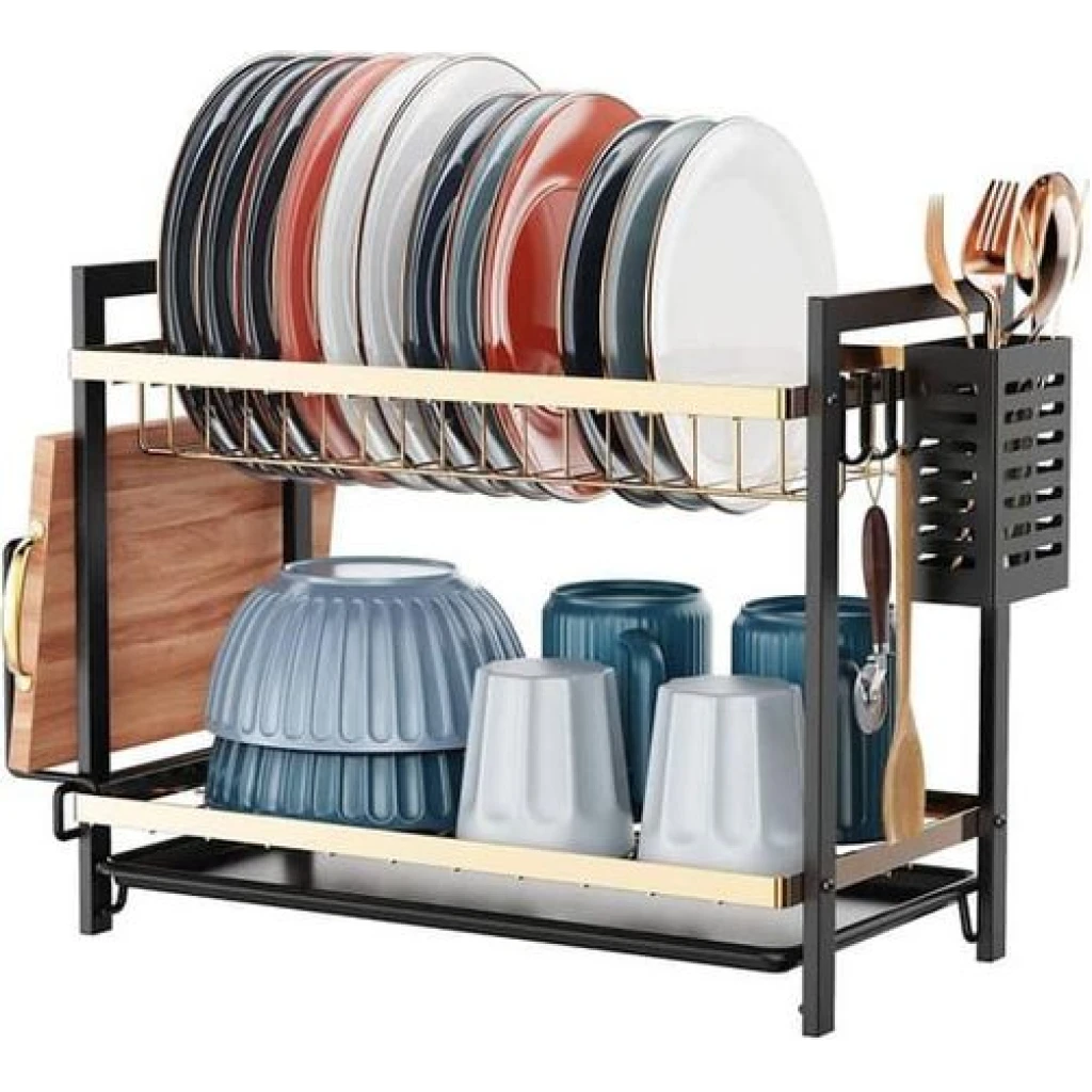 2 Tier Dish Drying Rack Bowl Plate Drainer With Drip Tray, Sink Draining Board Utensil & Cutting Board
