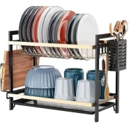 2 Tier Dish Drying Rack Bowl Plate Drainer With Drip Tray, Sink Draining Board Utensil & Cutting Board