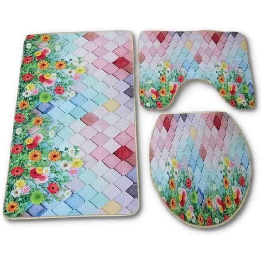 3 Pcs Non-Slip Toilet Bathroom Rugs Carpets-Multi-colour.