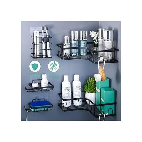 5 Sets Cosmetics Lotion Bathroom Storage Rack for Kitchen Organizer No-Punch Wall -mounted Oil Salt Vinegar Multifunction Organizer Soap Dish Toiletries Shelf Practical Shower Caddy Set -Black