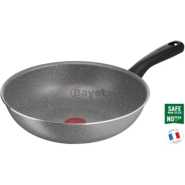 TEFAL Cook Natural 28 cm Non-Stick Aluminium Granite Wok Pan With Thermo Spot B5791942 – Grey