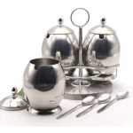 3 Piece Stainless steel Egg Spice Sugar Bowl Canister Storage Tins Containers On Round Stand With Spoons- Silver