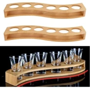 Shot Glass Tray Wooden Bamboo Holder Vintage Liquor Cup Rack Shot Glass Display Bar Accessories Beer Gifts Drinking Whisky Brandy Vodka Rum and Tequila Shot Set S-typed 6 Hole Glass Holder Stand- Multicolor