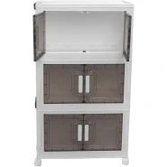 3 Tier Collapsible Plastic Stackable Storage Bins with Lids, Wardrobe Closet Organizer, Stackable Storage Bins, Foldable Plastic Storage Container Cabinet with Comfortable Handle PP PET 4 Wheels With Doors and Lids For Home, Office, Dorm ,Bedroom- Cream