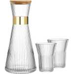 Ribbed Bedside Table Glass Water Carafe Set, 1 Crystal Glass Carafe with Lid (44oz), 4 Cups Without Tray, with Thickened Bottom, Food-Grade Silicone, Leak-Proof - Multicolor