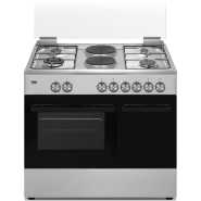 Beko 90cm Cooker BGES901; 4 Gas Burners, 2 Electric Plates, Electric Oven with Fan, Gas Cylinder Compartment, Rotisserie, Cast Iron Pan Supports, Double Glass Door, Stainless Steel Finish