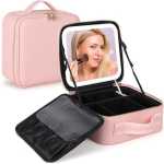 Pu Leather Makeup Bag Travel Makeup Bag With Full Screen Light Up Led Mirror Portable Cosmetic Train Case With Adjustable Dividers Makeup Organizer Bag With Adjustable Dividers Cosmetics Storage Box For Women Rechargeable 3 Color Lights