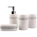 4 Piece Luxury Crystal-Trimmed Ceramic Bathroom Accessory Set with Stunning Sequin Accents Includes Soap Dish, Tumbler, Toothbrush Holder, and Lotion Dispenser